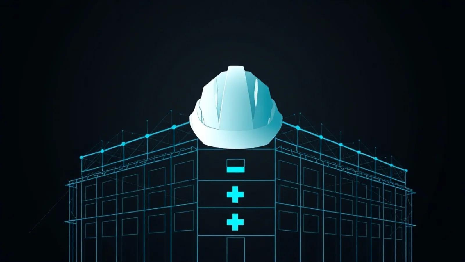 Gerente de obra hospitalaria con casco revisando planos de un proyecto de salud